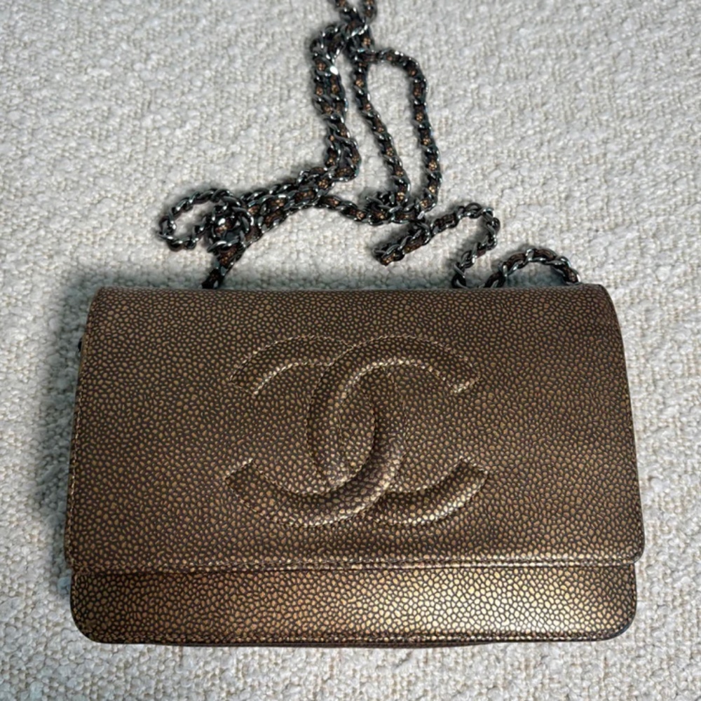 Authentic Chanel Gold Bronze Metallic Caviar Timeless Wallet on Chain Double CC